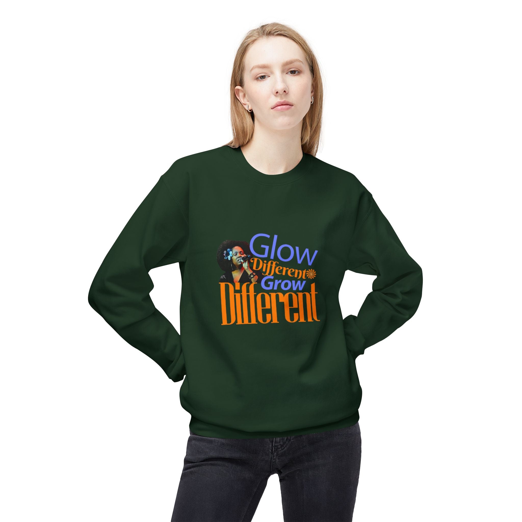 Glow Different Sweatshirt – 'Glow Different, Grow Different' Motivational Crewneck – Unisex Fleece Pullover